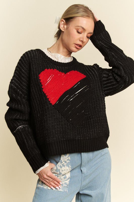 Davi & Dani Contrast Heart Dropped Shoulder Sweater - Bitsy Gypsy Boutique