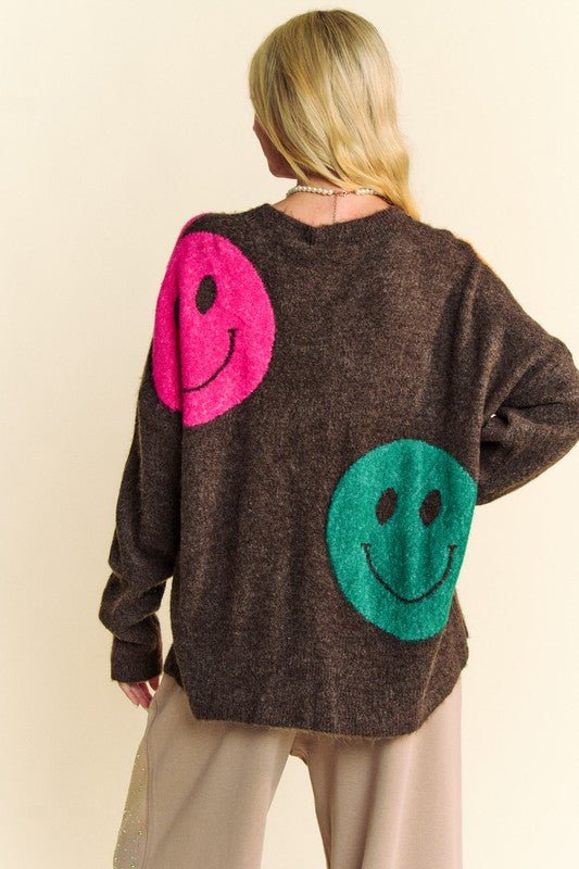 Davi & Dani Contrast Smile Round Neck Oversize Sweater - Bitsy Gypsy Boutique