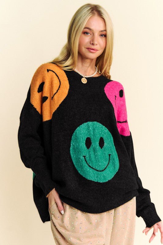 Davi & Dani Contrast Smile Round Neck Oversize Sweater - Bitsy Gypsy Boutique