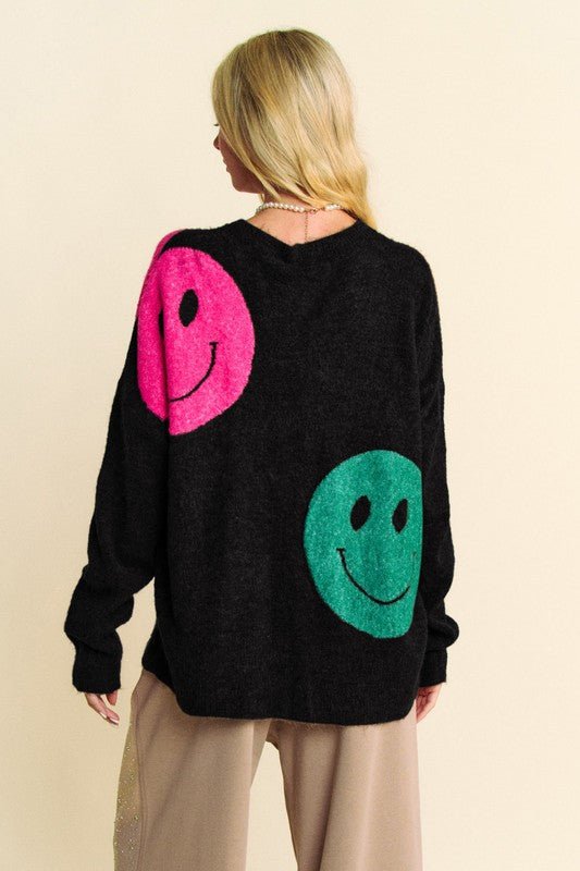 Davi & Dani Contrast Smile Round Neck Oversize Sweater - Bitsy Gypsy Boutique