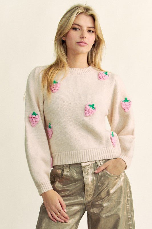 Davi & Dani Crochet Strawberry Round Neck Sweater - Bitsy Gypsy Boutique