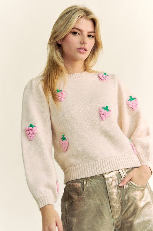 Davi & Dani Crochet Strawberry Round Neck Sweater - Bitsy Gypsy Boutique