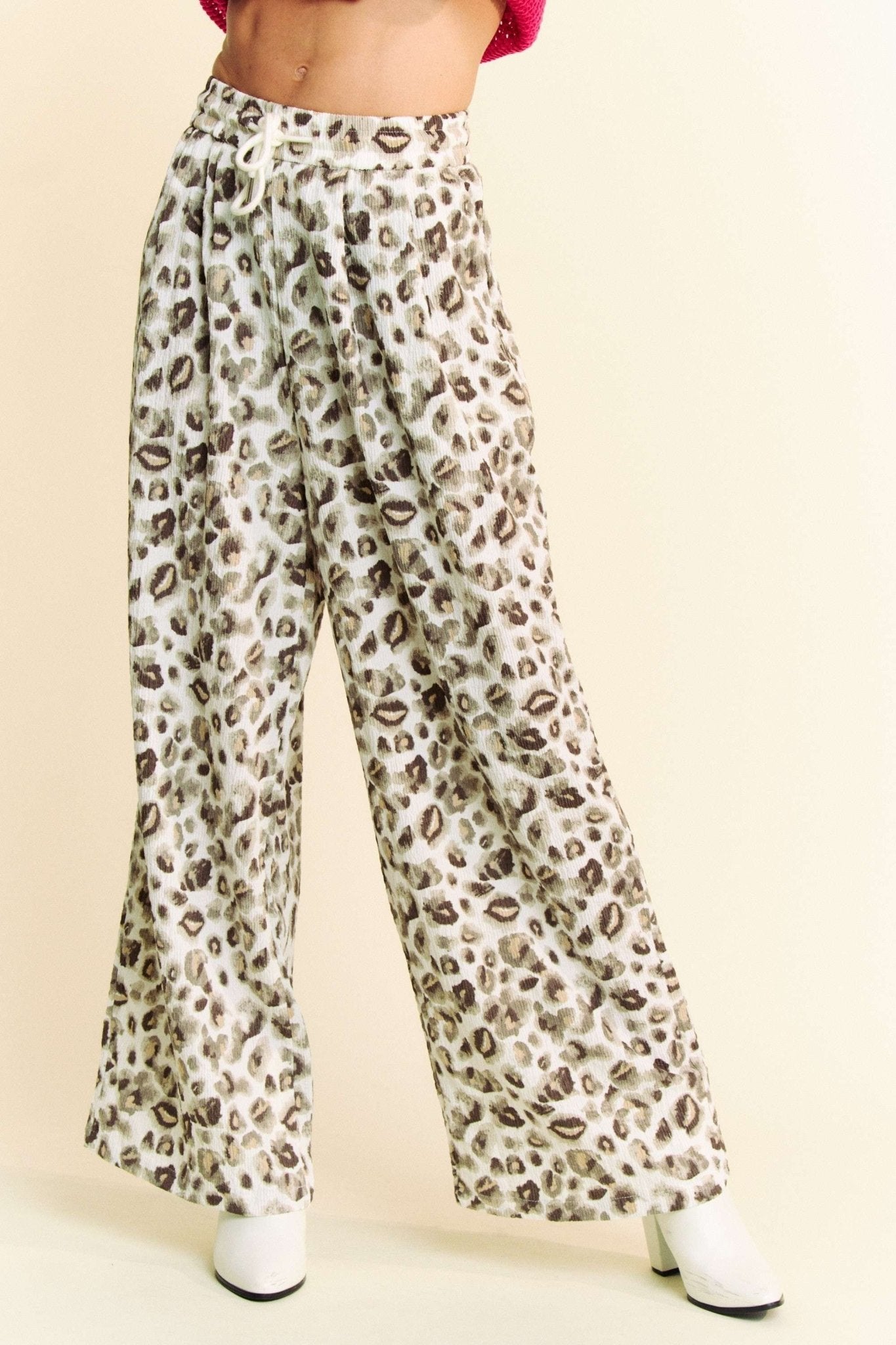 Davi & Dani Drawstring Leopard Wide Leg Pants - Bitsy Gypsy Boutique