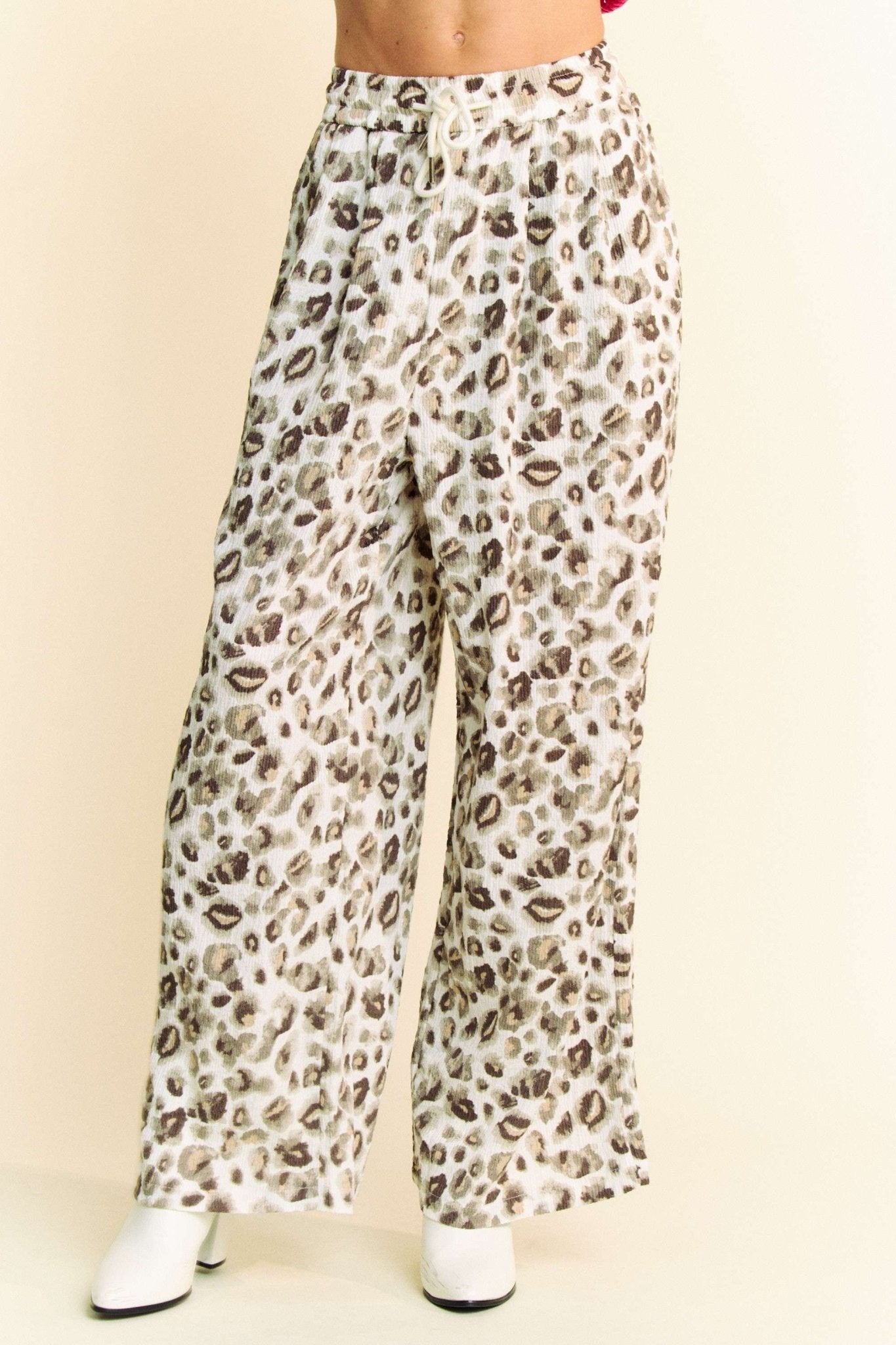 Davi & Dani Drawstring Leopard Wide Leg Pants - Bitsy Gypsy Boutique