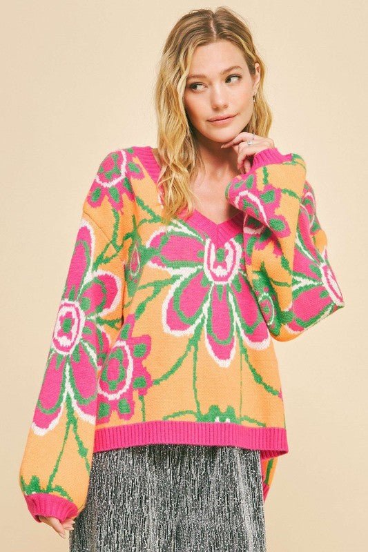 Davi & Dani Floral Contrast V - Neck Dropped Shoulder Sweater - Bitsy Gypsy Boutique