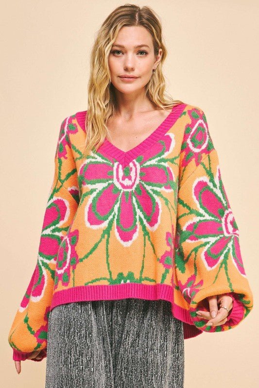 Davi & Dani Floral Contrast V - Neck Dropped Shoulder Sweater - Bitsy Gypsy Boutique