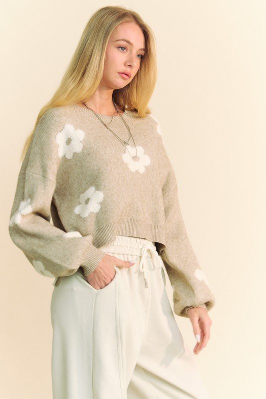 Davi & Dani Floral Drop Shoulder Cropped Sweater - Bitsy Gypsy Boutique