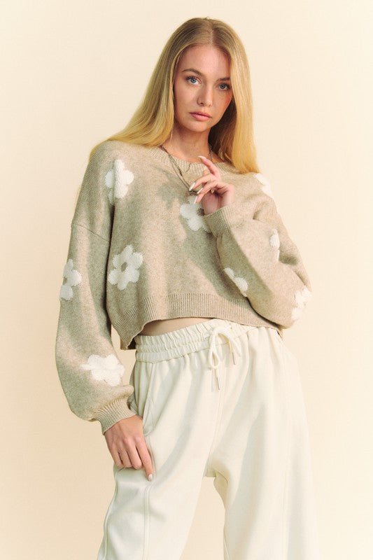 Davi & Dani Floral Drop Shoulder Cropped Sweater - Bitsy Gypsy Boutique