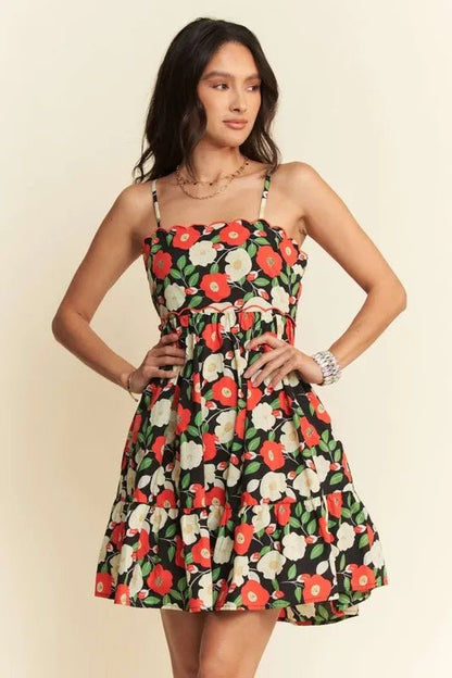 Davi & Dani Floral Scalloped Cutout Back Mini Dress - Bitsy Gypsy Boutique