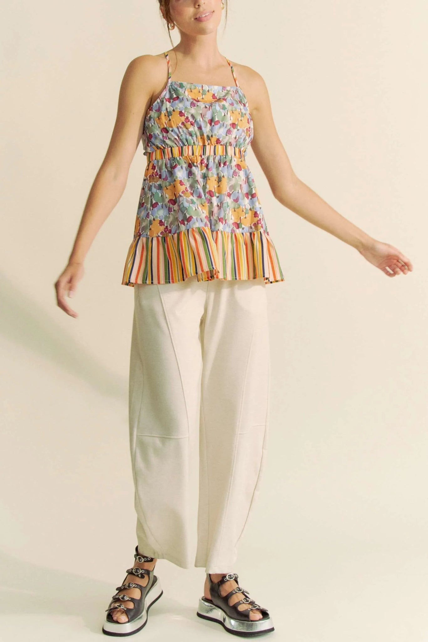 Davi & Dani Floral Smocked Sleeveless Ruffle Back Tie Top - Bitsy Gypsy Boutique