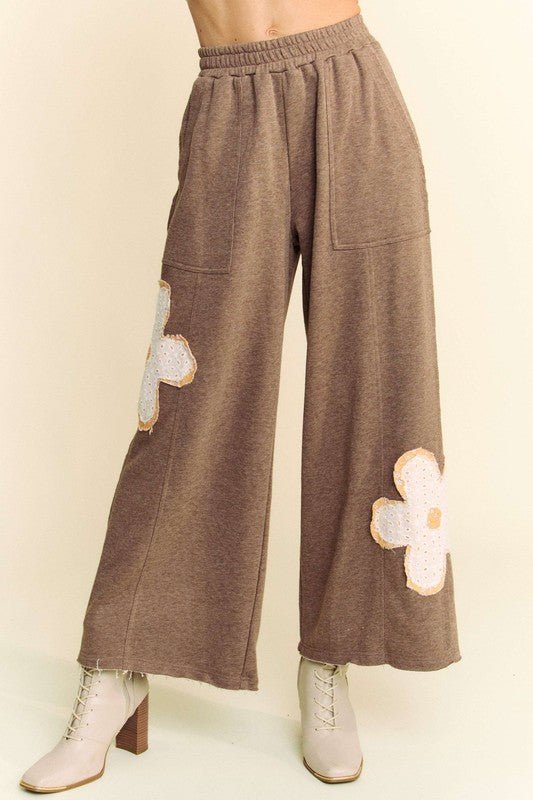 Davi & Dani Flower Patch Elastic Waist Wide Leg Pants - Bitsy Gypsy Boutique