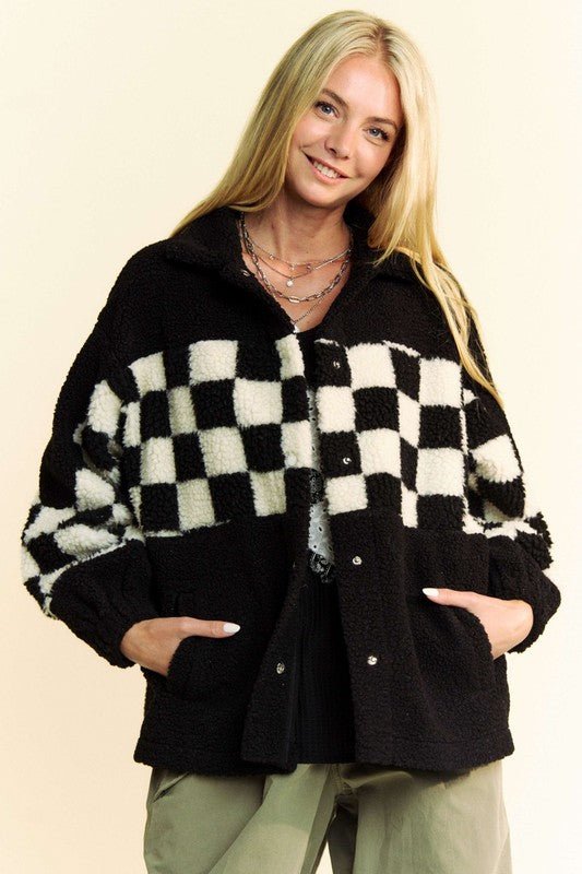 Davi & Dani Full Size Checkered Snap Down Faux Fur Jacket - Bitsy Gypsy Boutique