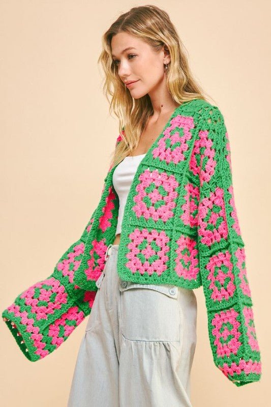 Davi & Dani Full Size Two Tone Flower Square Crochet Open Front Cardigan - Bitsy Gypsy Boutique