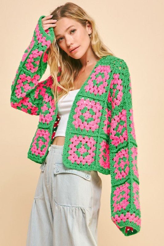 Davi & Dani Full Size Two Tone Flower Square Crochet Open Front Cardigan - Bitsy Gypsy Boutique