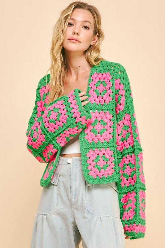 Davi & Dani Full Size Two Tone Flower Square Crochet Open Front Cardigan - Bitsy Gypsy Boutique