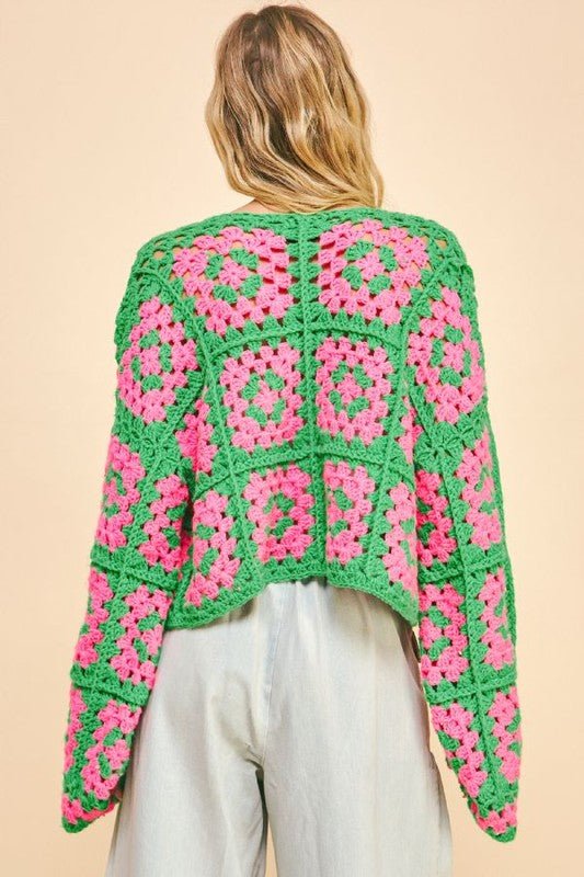 Davi & Dani Full Size Two Tone Flower Square Crochet Open Front Cardigan - Bitsy Gypsy Boutique