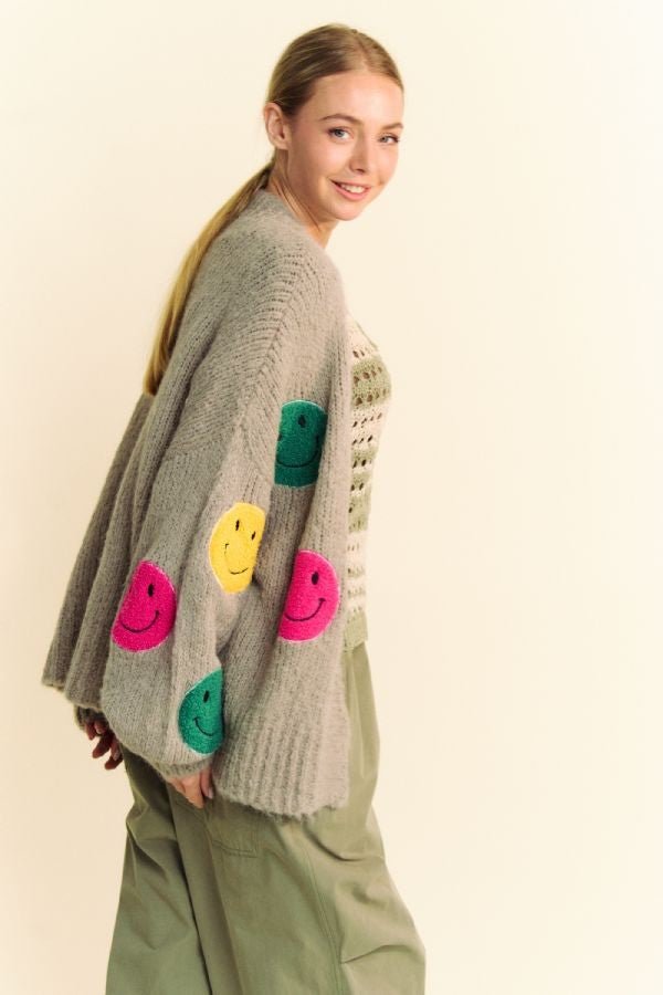 Davi & Dani Fuzzy Smile Open Front Long Sleeve Cardigan - Bitsy Gypsy Boutique