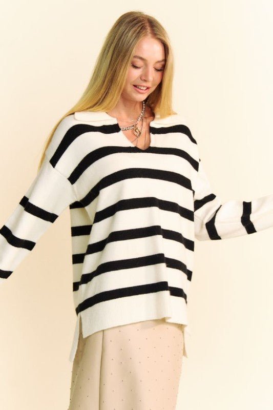 Davi & Dani High - Low Side Slit Striped Johnny Collar Sweater - Bitsy Gypsy Boutique