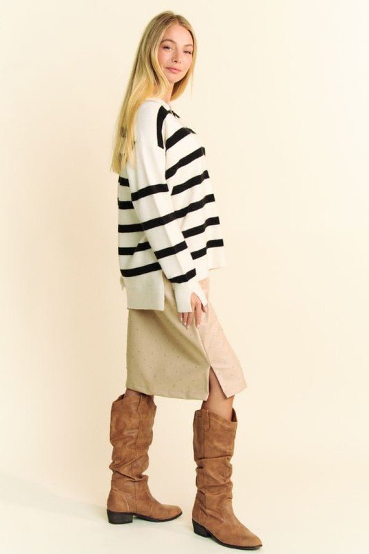 Davi & Dani High - Low Side Slit Striped Johnny Collar Sweater - Bitsy Gypsy Boutique