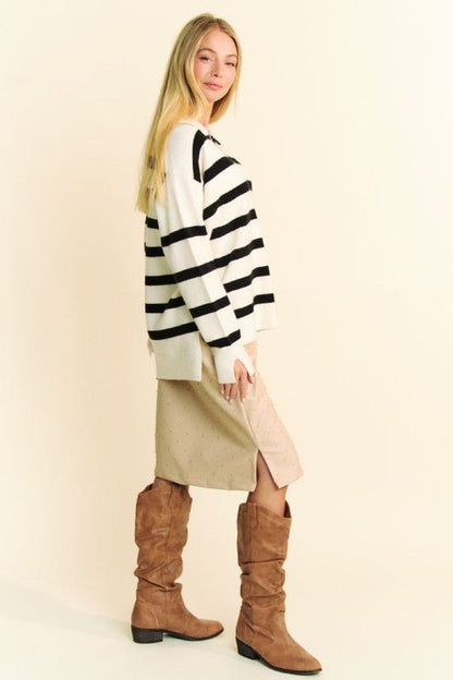 Davi & Dani High - Low Side Slit Striped Johnny Collar Sweater - Bitsy Gypsy Boutique