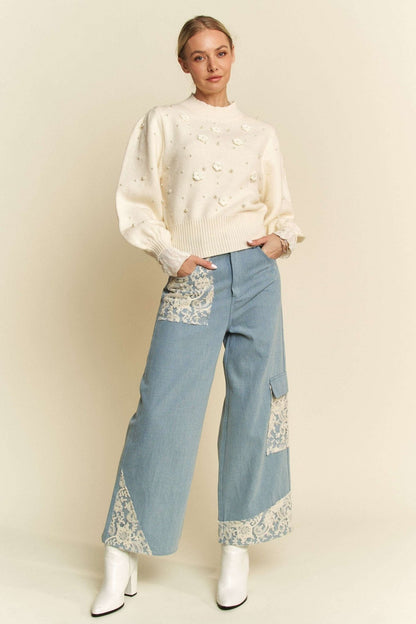 Davi & Dani Lace Applique Wide Leg Jeans - Bitsy Gypsy Boutique