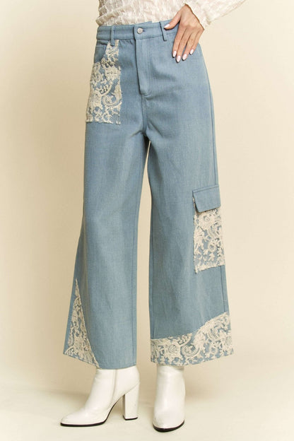Davi & Dani Lace Applique Wide Leg Jeans - Bitsy Gypsy Boutique