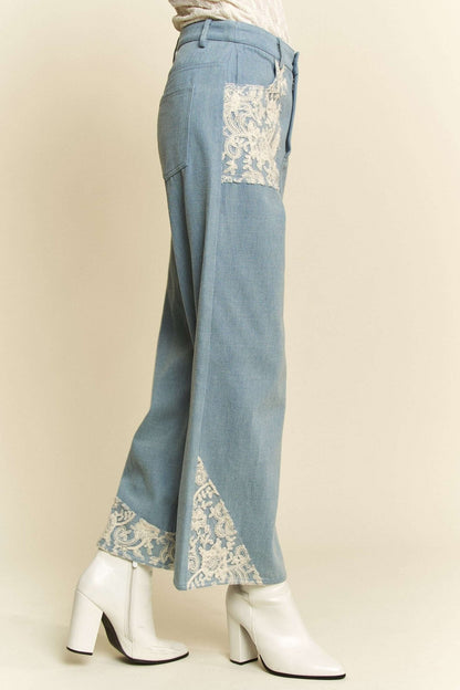 Davi & Dani Lace Applique Wide Leg Jeans - Bitsy Gypsy Boutique
