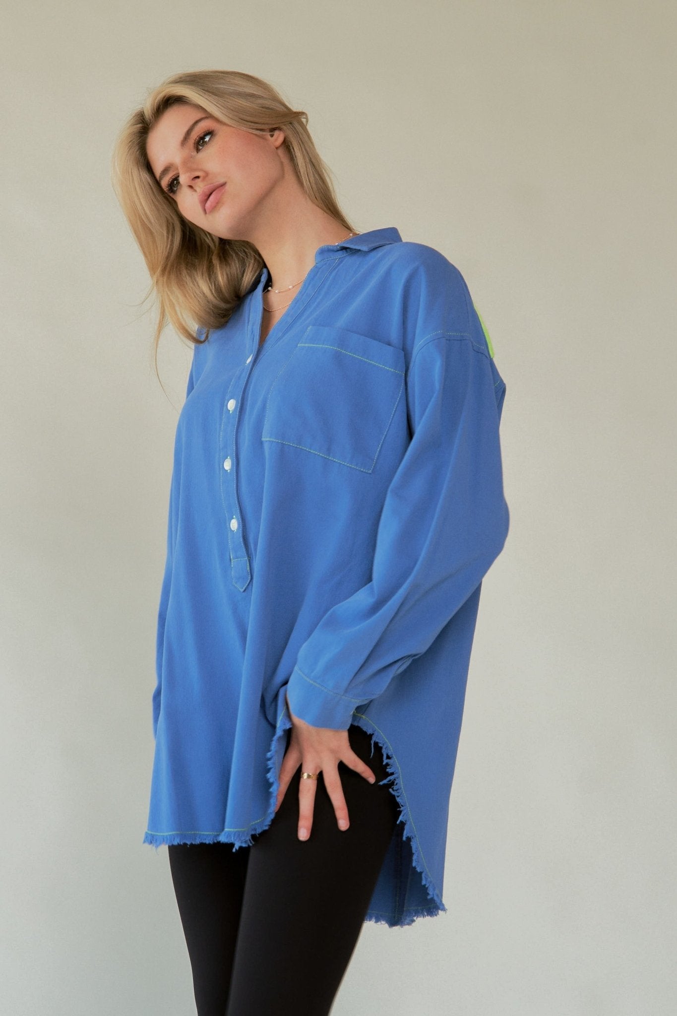 Davi & Dani Letter Back Raw Hem Half Button Shirt - Bitsy Gypsy Boutique