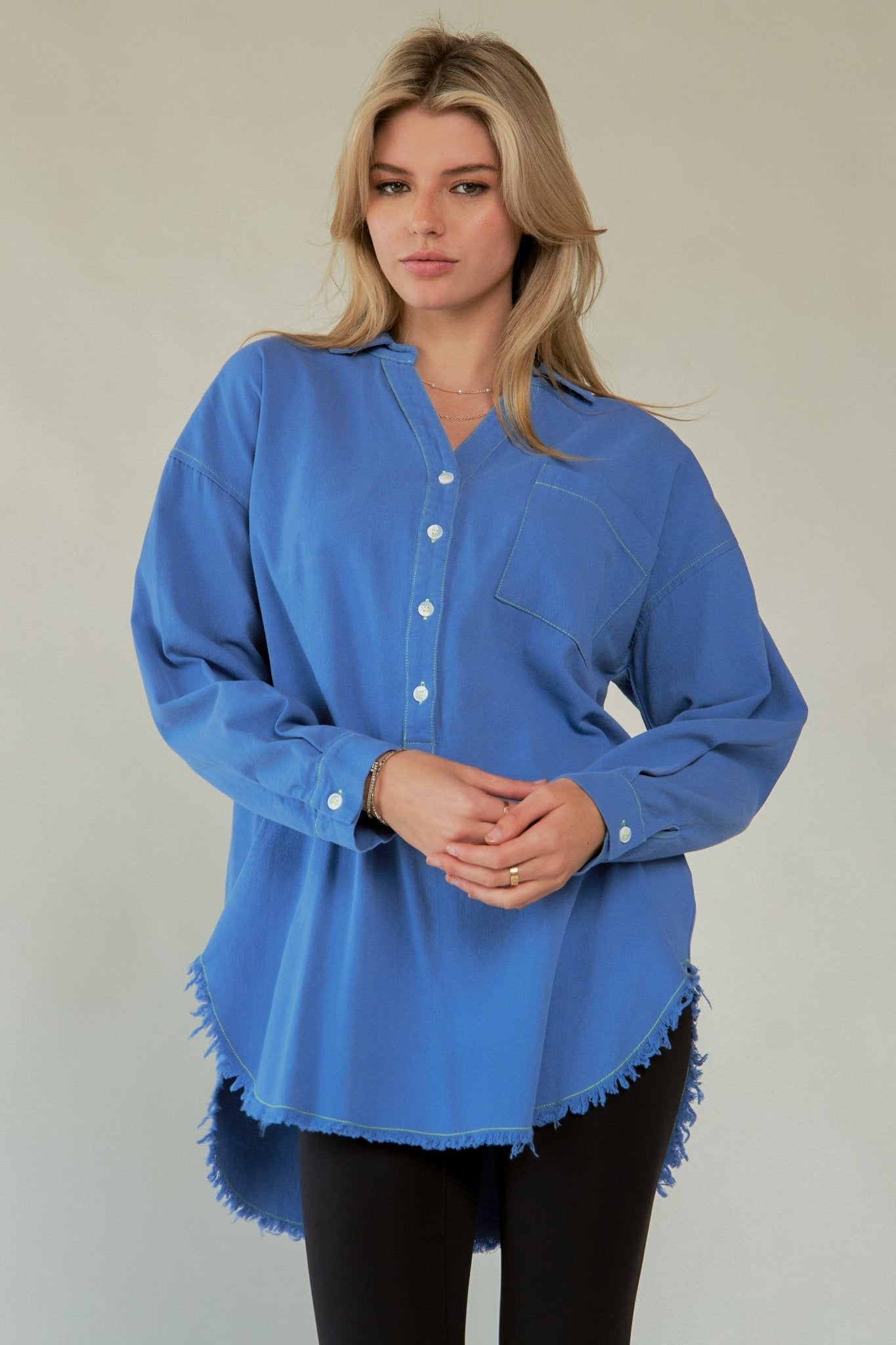 Davi & Dani Letter Back Raw Hem Half Button Shirt - Bitsy Gypsy Boutique