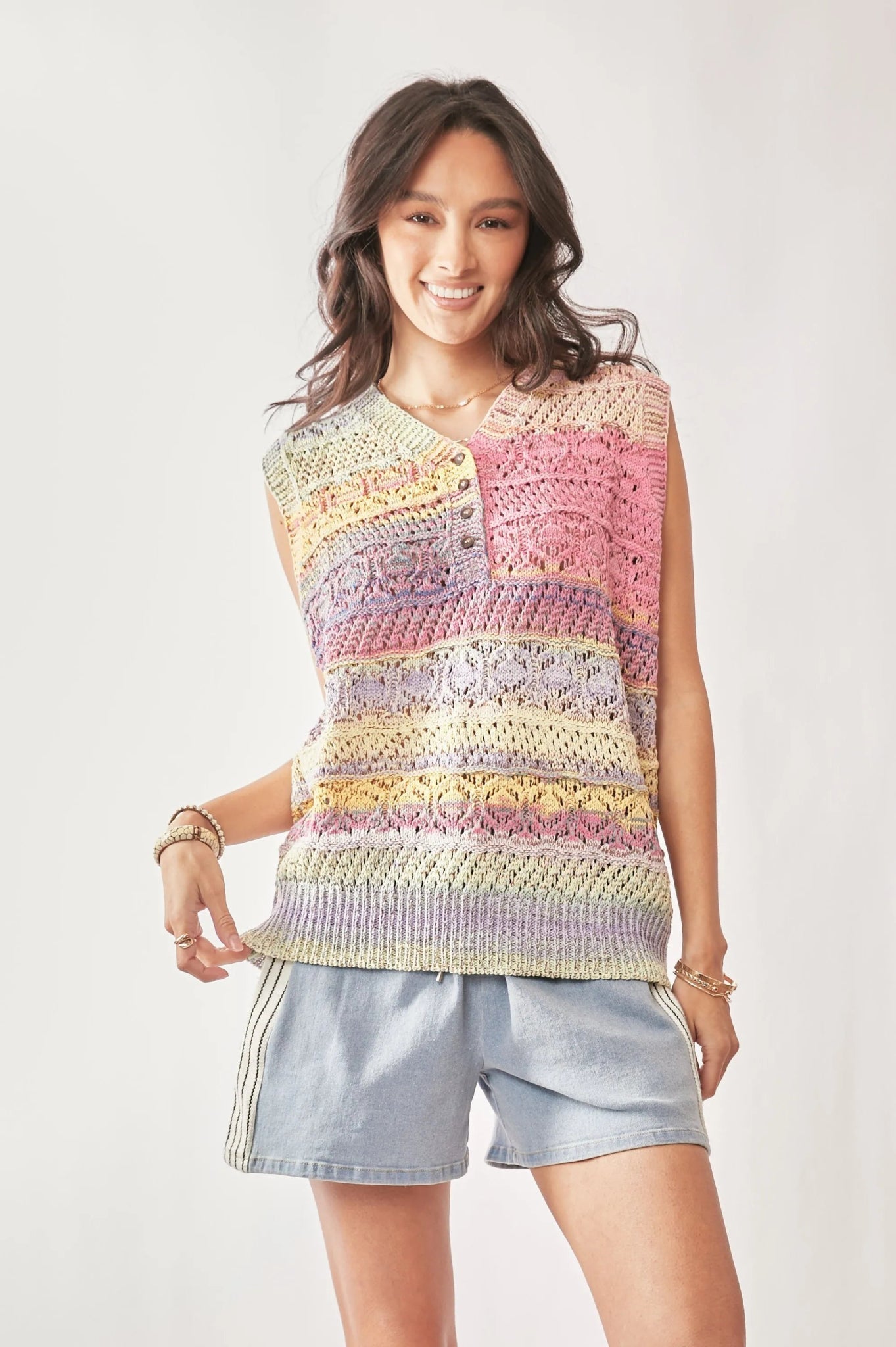 Davi & Dani Multi Color Crochet Sleeveless Knit Vest Top - Bitsy Gypsy Boutique