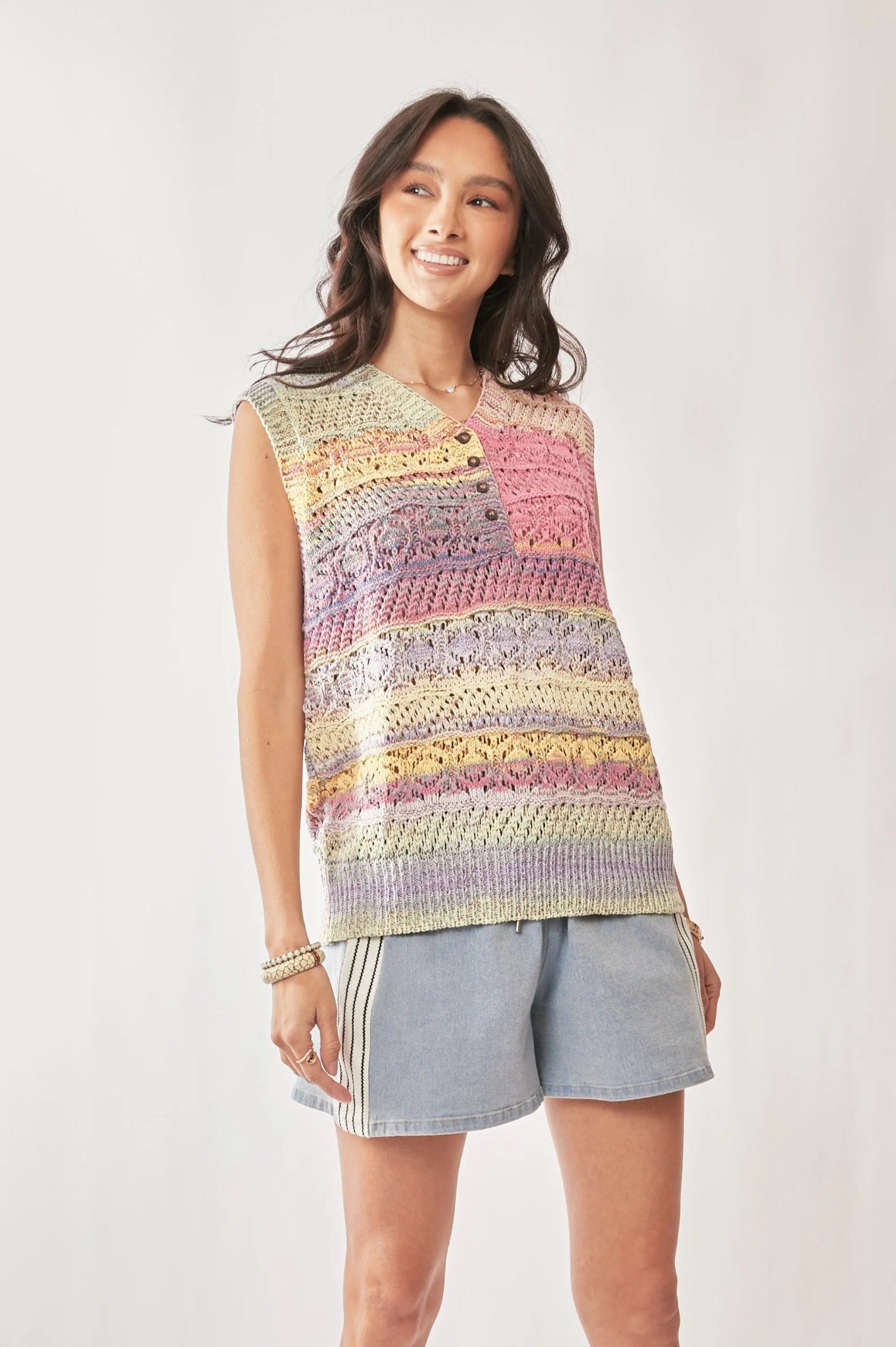 Davi & Dani Multi Color Crochet Sleeveless Knit Vest Top - Bitsy Gypsy Boutique