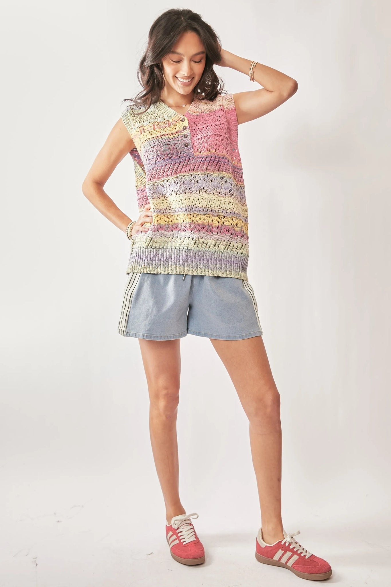 Davi & Dani Multi Color Crochet Sleeveless Knit Vest Top - Bitsy Gypsy Boutique