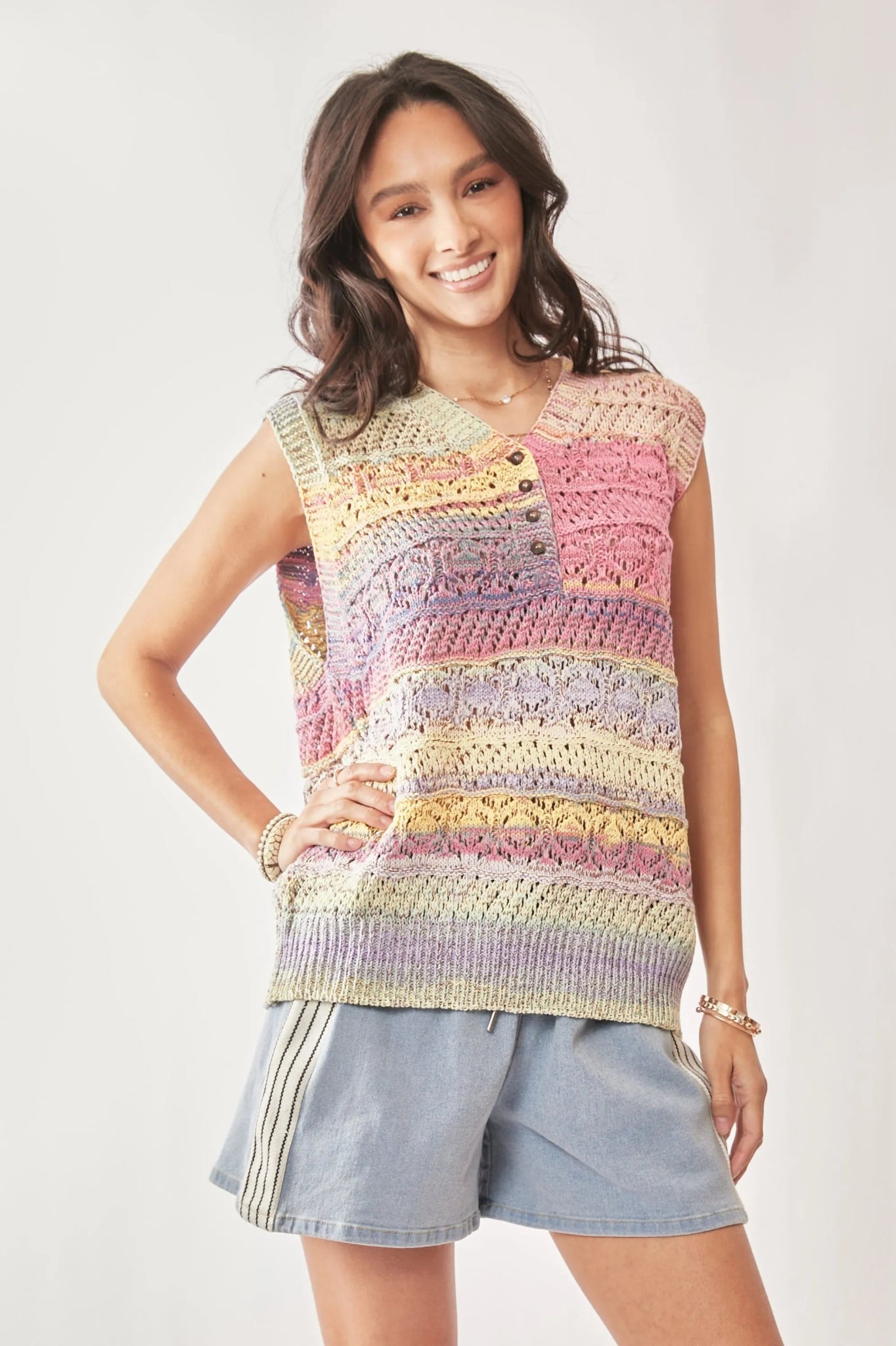 Davi & Dani Multi Color Crochet Sleeveless Knit Vest Top - Bitsy Gypsy Boutique
