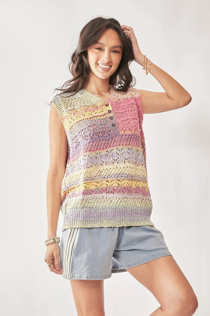 Davi & Dani Multi Color Crochet Sleeveless Knit Vest Top - Bitsy Gypsy Boutique