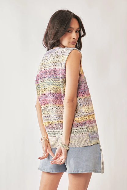 Davi & Dani Multi Color Crochet Sleeveless Knit Vest Top - Bitsy Gypsy Boutique