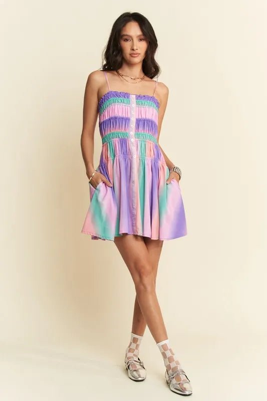 Davi & Dani Multi Color Ombre Printed Bodice Button Up Dress - Bitsy Gypsy Boutique