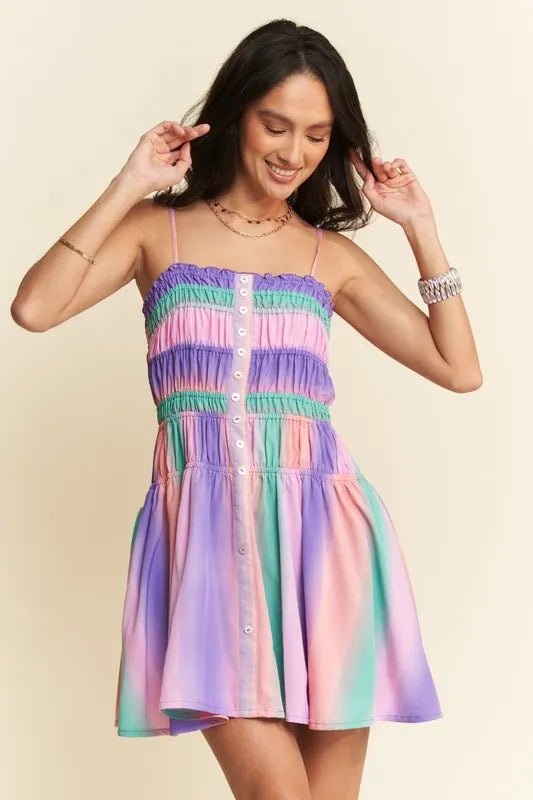 Davi & Dani Multi Color Ombre Printed Bodice Button Up Dress - Bitsy Gypsy Boutique