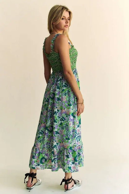 Davi & Dani Multi Smocked Bodice Geo Ruffle Strappy Midi Dress - Bitsy Gypsy Boutique
