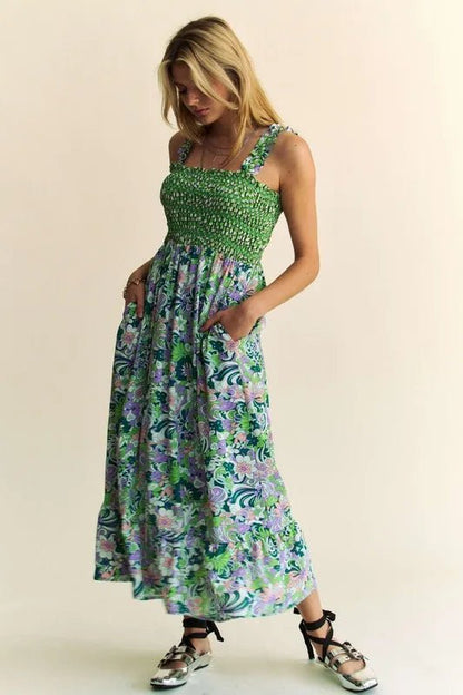 Davi & Dani Multi Smocked Bodice Geo Ruffle Strappy Midi Dress - Bitsy Gypsy Boutique