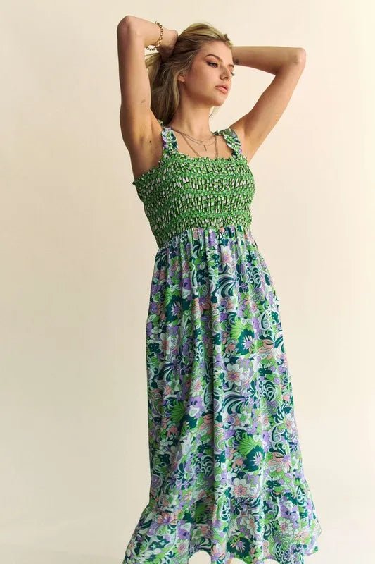 Davi & Dani Multi Smocked Bodice Geo Ruffle Strappy Midi Dress - Bitsy Gypsy Boutique