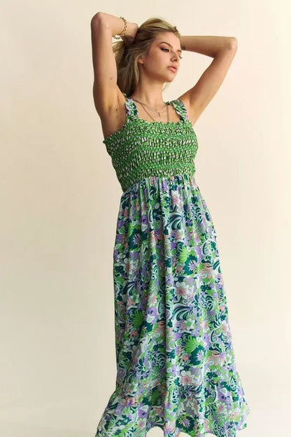 Davi & Dani Multi Smocked Bodice Geo Ruffle Strappy Midi Dress - Bitsy Gypsy Boutique