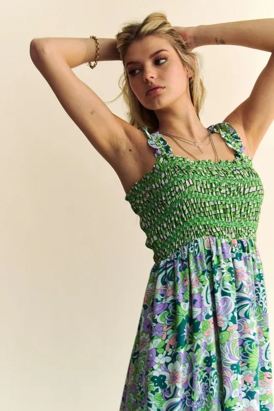 Davi & Dani Multi Smocked Bodice Geo Ruffle Strappy Midi Dress - Bitsy Gypsy Boutique