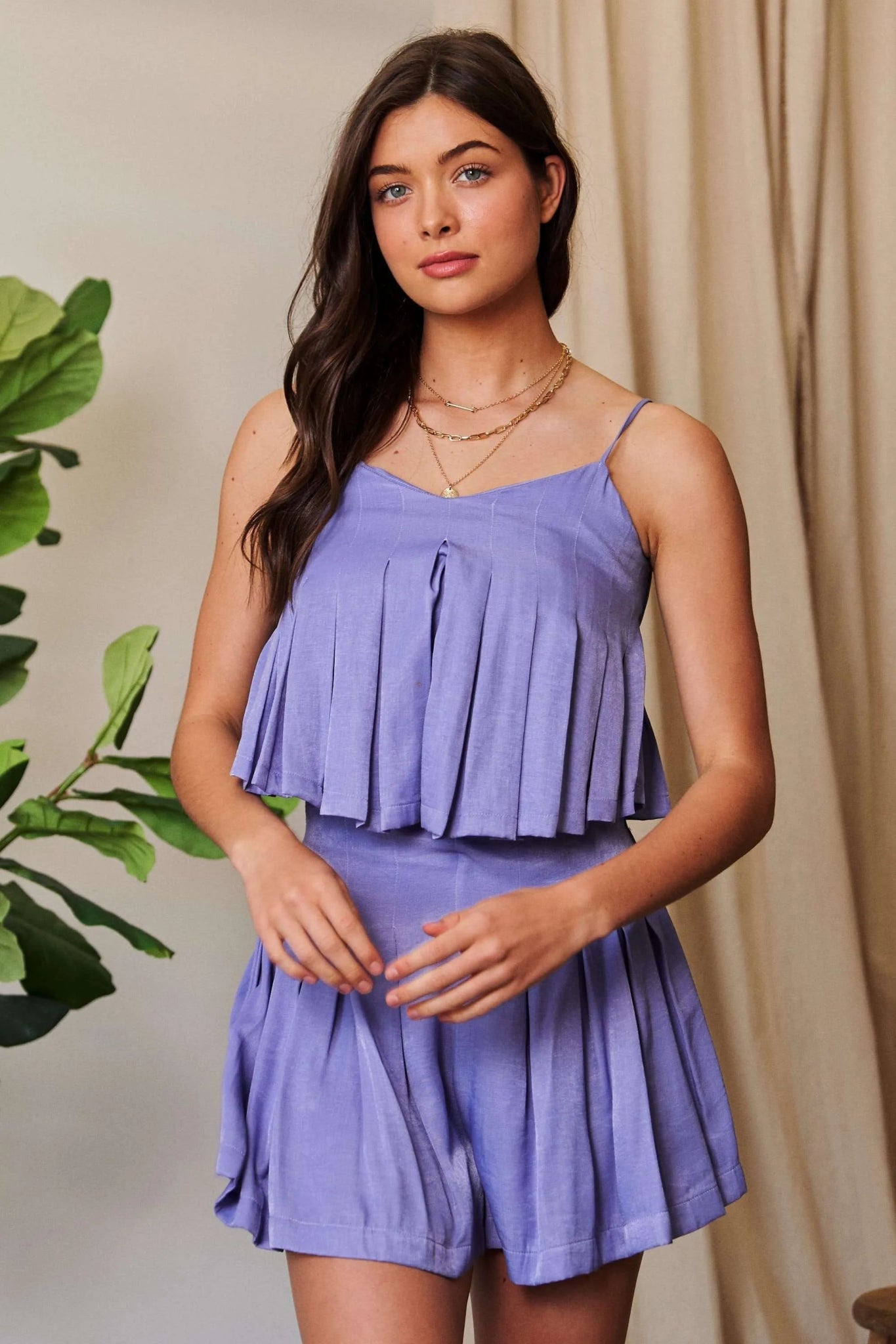 Davi & Dani Pleated Body Elastic Back Babydoll Strappy Top - Bitsy Gypsy Boutique