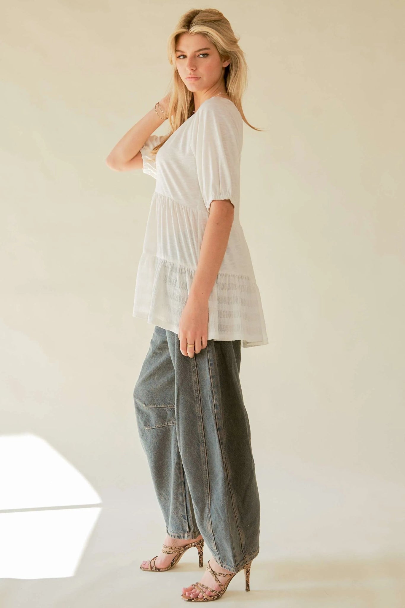 Davi & Dani Ruffled Flared Short Sleeve V Neck Blouse - Bitsy Gypsy Boutique