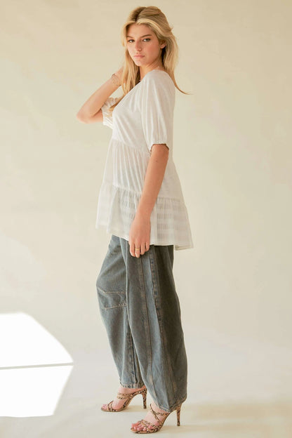 Davi & Dani Ruffled Flared Short Sleeve V Neck Blouse - Bitsy Gypsy Boutique