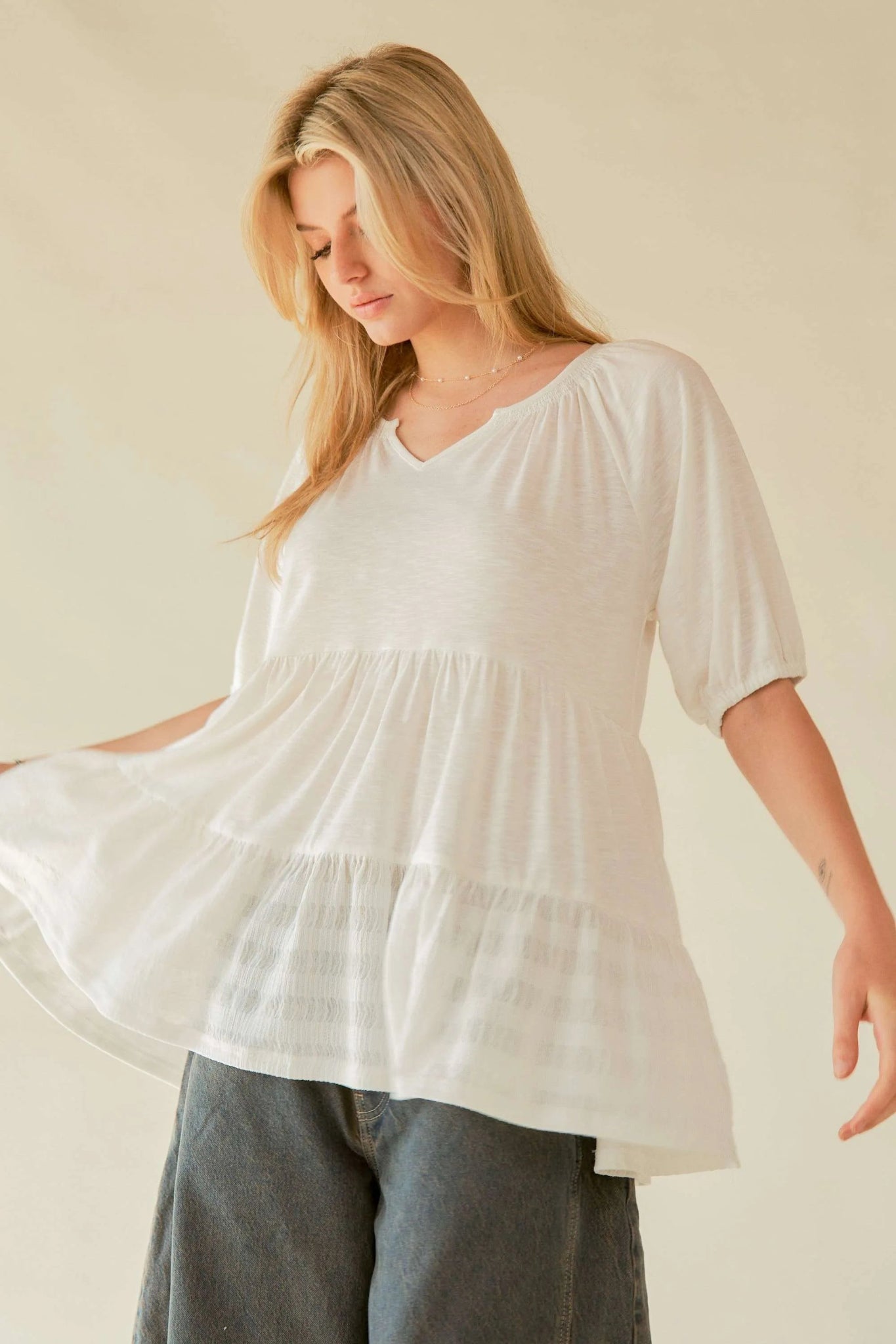 Davi & Dani Ruffled Flared Short Sleeve V Neck Blouse - Bitsy Gypsy Boutique