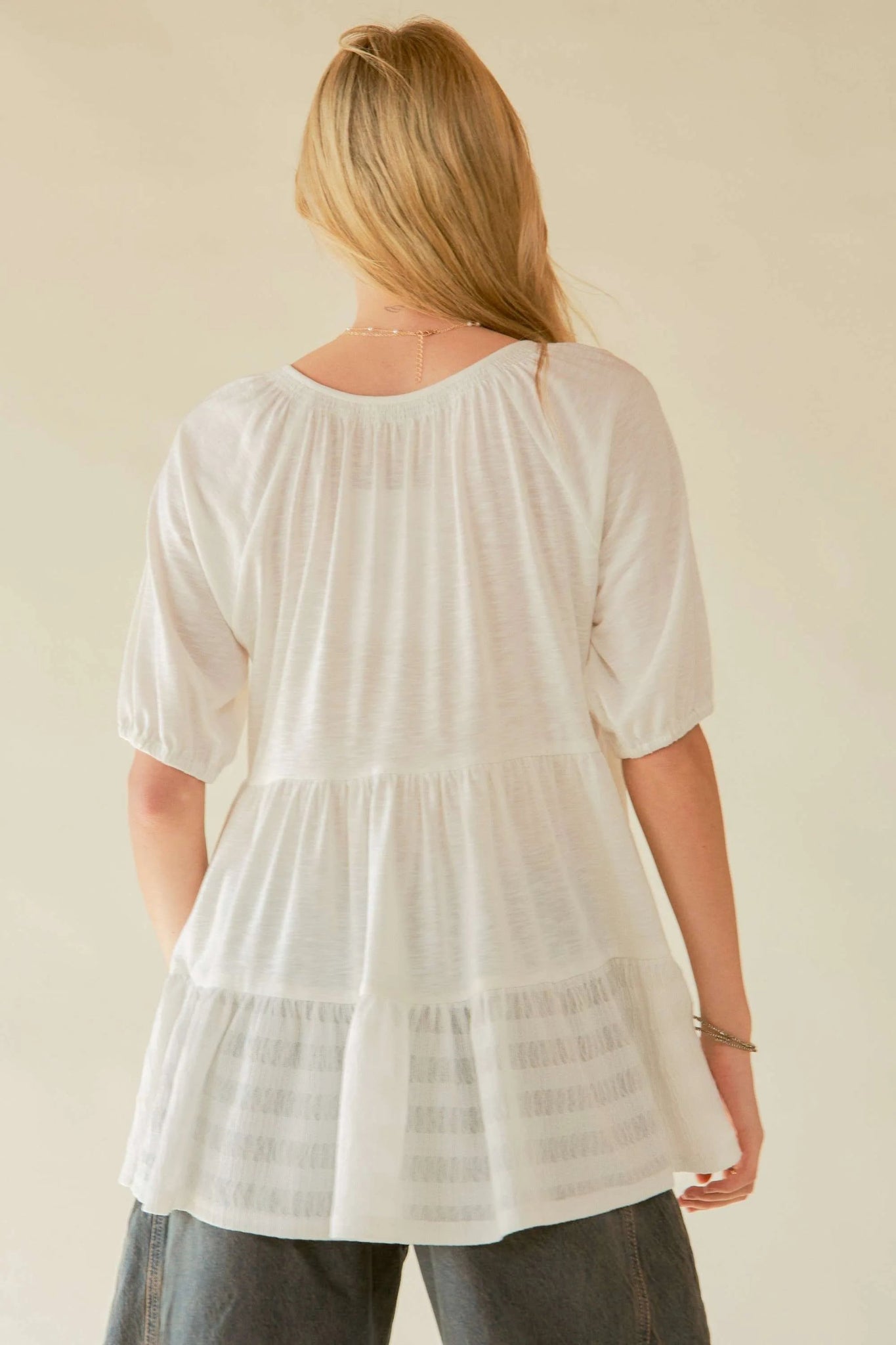 Davi & Dani Ruffled Flared Short Sleeve V Neck Blouse - Bitsy Gypsy Boutique