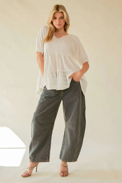 Davi & Dani Ruffled Flared Short Sleeve V Neck Blouse - Bitsy Gypsy Boutique