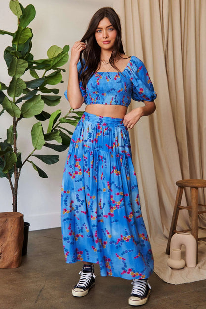 Davi & Dani Smocing Bodice Puff Short Sleeve Printed Crop Top - Bitsy Gypsy Boutique