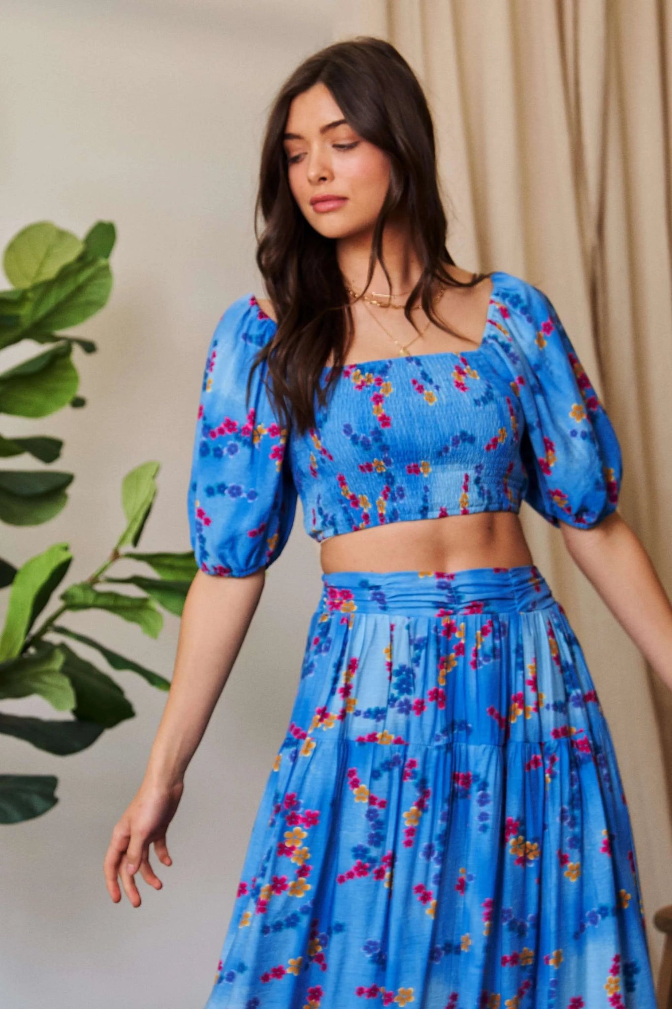 Davi & Dani Smocing Bodice Puff Short Sleeve Printed Crop Top - Bitsy Gypsy Boutique